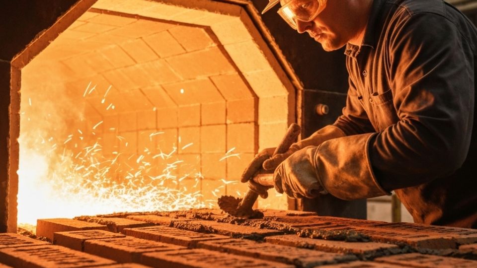 Мастер наносит огнеупорный раствор на кирпич при кладке промышленной печи, демонстрируя точность и профессионализм.
