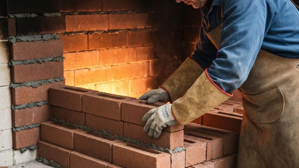 Опытный мастер выполняет шамотную кладку в промышленной печи, демонстрируя точность и аккуратность работы.