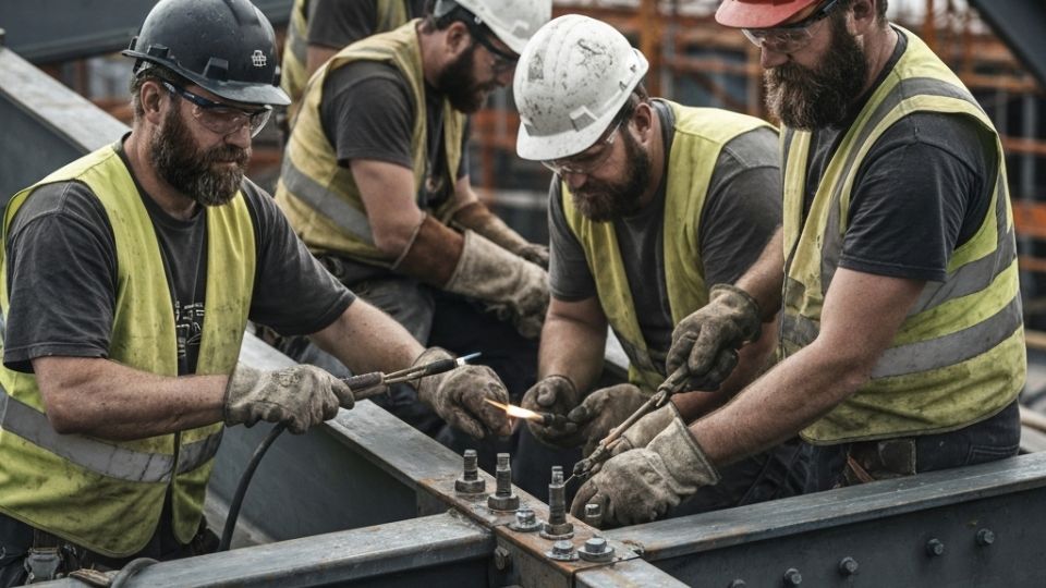 Рабочие производят высокоточную сборку и сварку элементов металлоконструкции.
