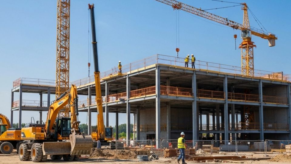 Строительство современного производственного помещения с использованием спецтехники.