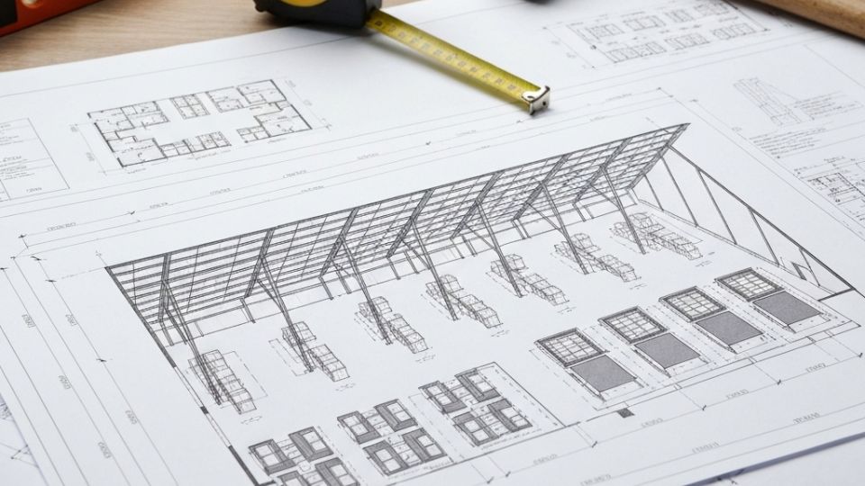 Архитектурные чертежи и планы строительства склада, символизирующие этап проектирования проекта под ключ.