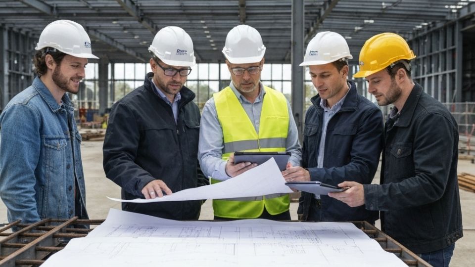 Инженеры обсуждают проект установки металлоконструкций на объекте.