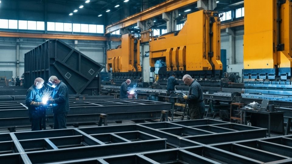 Производство металлоконструкций на современном заводе ООО "Спецстрой-91" в Москве, сварщики работают над стальными балками.