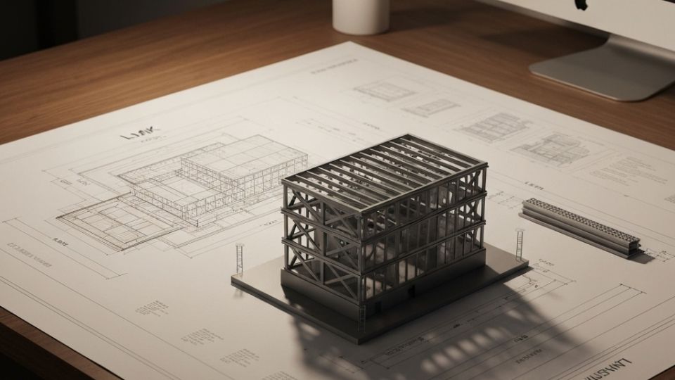 Проектирование здания из ЛМК: детальная 3D-модель или чертеж легких металлических конструкций.